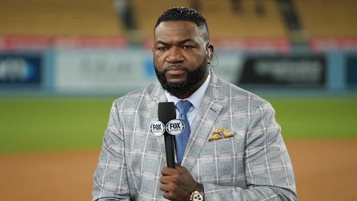 Fox Sports broadcaster and Red Sox legend David Ortiz speaks on field after game two between the Los Angeles Dodgers and the New York Yankees in the 2024 MLB World Series at Dodger Stadium. Fox Sports broadcaster and Red Sox legend David Ortiz speaks on field after game two between the Los Angeles Dodgers and the New York Yankees in the 2024 MLB World Series at Dodger Stadium.