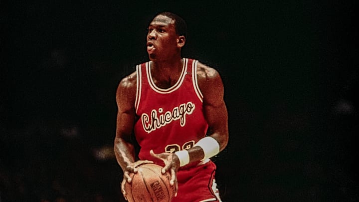 Chicago Bulls shooting guard Michael Jordan during an NBA game in 1985.