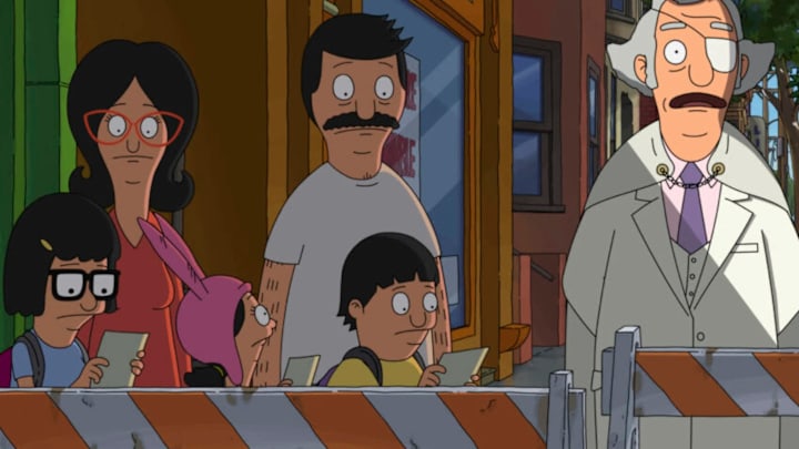 (L-R): Tina Belcher (voiced by Dan Mintz), Linda Belcher (voiced by John Roberts), Louise Belcher (voiced by Kristen Schaal), Bob Belcher (voiced by H. Jon Benjamin), Gene Belcher (voiced by Eugene Mirman), andCalvin Fischoeder (voiced by Kevin Kline) in 20th Century Studios' THE BOB'S BURGERS MOVIE. Photo courtesy of 20th Century Studios. © 2022 20th Century Studios. All Rights Reserved. /