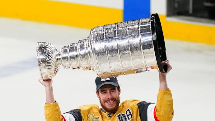 Jun 13, 2023; Las Vegas, Nevada, USA; Vegas Golden Knights forward Reilly Smith (19) hoists the