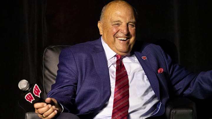 Retiring UW athletic director Barry Alvarez is shown during a ceremony honoring his tenure at the Kohl Center Tuesday, April 6, 2021, in Madison, Wis. Alvarez was head football coach for 15 years and athletic director for 18 years. Retiring UW athletic director Barry Alvarez is shown during a ceremony honoring his tenure at the Kohl Center Tuesday, April 6, 2021, in Madison, Wis. Alvarez was head football coach for 15 years and athletic director for 18 years.