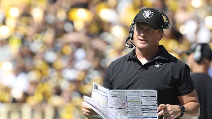 Sep 19, 2021; Pittsburgh, Pennsylvania, USA; Las Vegas Raiders head coach Jon Gruden looks on from the sidelines against the Pittsburgh Steelers during the second quarter at Heinz Field. Las Vegas won 26-17. Mandatory Credit: Charles LeClaire-Imagn Images Sep 19, 2021; Pittsburgh, Pennsylvania, USA; Las Vegas Raiders head coach Jon Gruden looks on from the sidelines against the Pittsburgh Steelers during the second quarter at Heinz Field. Las Vegas won 26-17. Mandatory Credit: Charles LeClaire-Imagn Images
