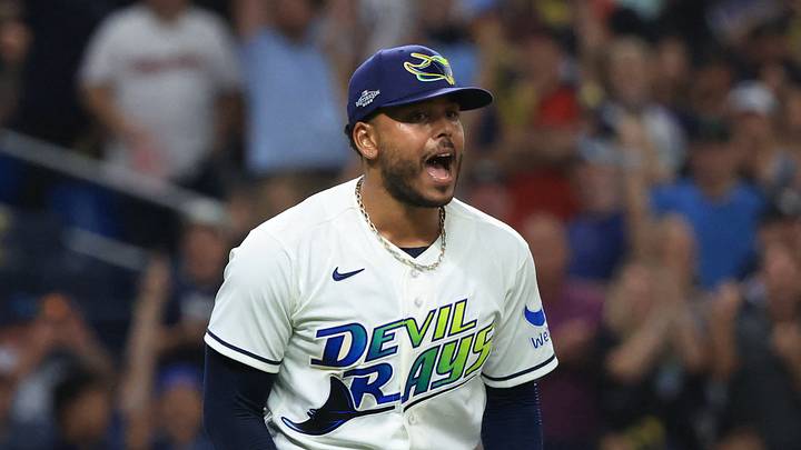 St. Petersburg, Florida, USA; Tampa Bay Rays pitcher Freddy Peralta (51) reacts in the third inning in game six of the ALCS for the 2026 MLB Playoffs at Tropicana Field. Mandatory Credit: Kim Klement Neitzel-Imagn Images St. Petersburg, Florida, USA; Tampa Bay Rays pitcher Freddy Peralta (51) reacts in the third inning in game six of the ALCS for the 2026 MLB Playoffs at Tropicana Field. Mandatory Credit: Kim Klement Neitzel-Imagn Images