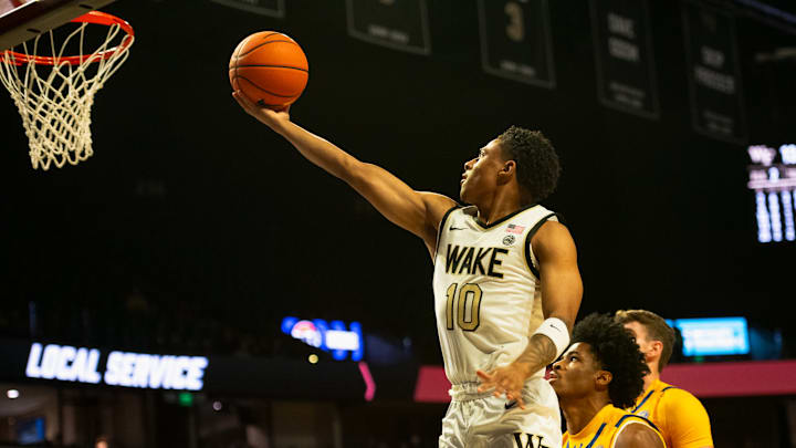 Wake Forest guard Sebastian Akins grabs a rebound during the game against Morehead State on November 7, 2025.