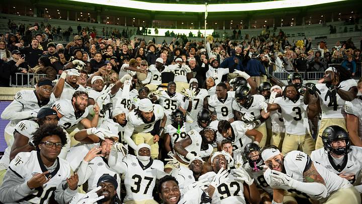 Wake Forest Football celebrates their 16–9 win over the Virginia Cavaliers, Nov. 8, 2025.