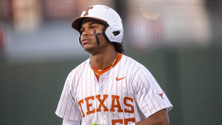 Texas outfielder Jonah Williams (55) stands on first base during the Longhorns' game against Louisville at UFCU Disch-Falk Field in Austin Tuesday, May 6, 2025.