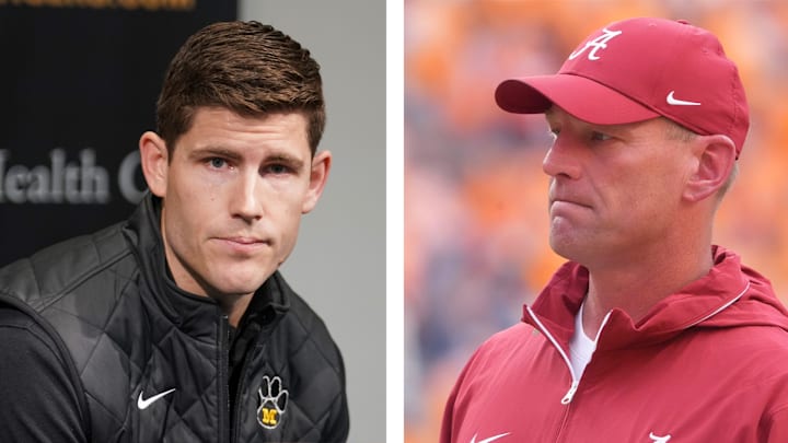 Missouri Tigers offensive coordinator Kirby Moore (left) and Alabama head coach Kalen DeBoer (right)
