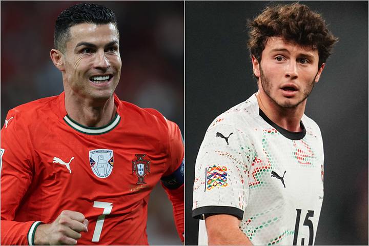 Cristiano Ronaldo and João Neves in action for Portugal's national team. Cristiano Ronaldo and João Neves in action for Portugal's national team.