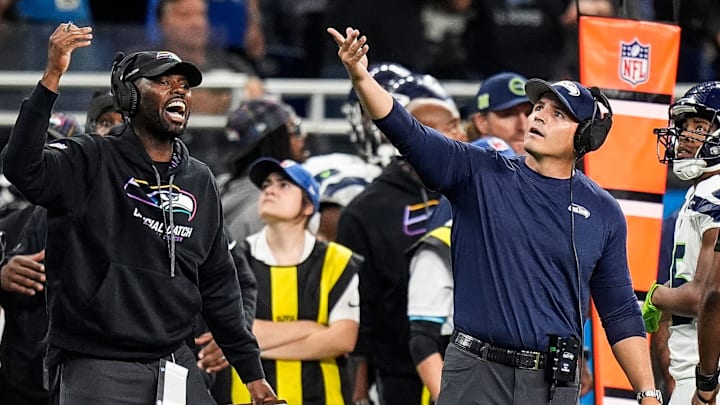 Seattle Seahawks head coach Mike Macdonald reacts