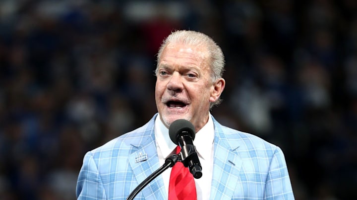 Jim Irsay speaks as Peyton Manning and Edgerrin James receive their Hall of Fame rings in 2021. Jim Irsay speaks as Peyton Manning and Edgerrin James receive their Hall of Fame rings in 2021.