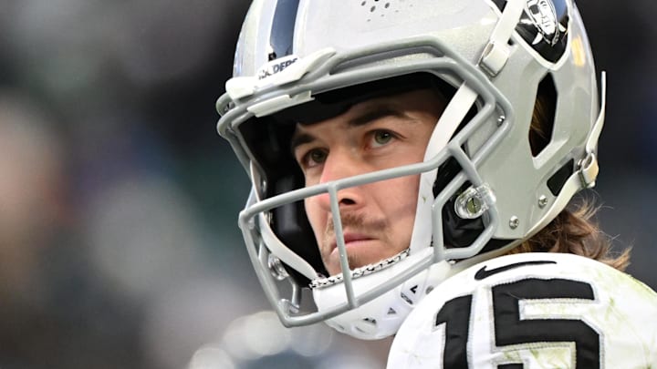 Dec 14, 2025; Philadelphia, Pennsylvania, USA; Las Vegas Raiders quarterback Kenny Pickett (15) during the fourth quarter against the Philadelphia Eagles at Lincoln Financial Field. Mandatory Credit: Eric Hartline-Imagn Images