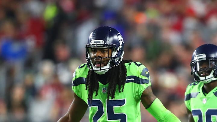 Nov 9, 2017; Glendale, AZ, USA; Seattle Seahawks cornerback Richard Sherman (25) reacts after getting a yellow penalty flag against the Arizona Cardinals at University of Phoenix Stadium. Mandatory Credit: Mark J. Rebilas-Imagn Images Nov 9, 2017; Glendale, AZ, USA; Seattle Seahawks cornerback Richard Sherman (25) reacts after getting a yellow penalty flag against the Arizona Cardinals at University of Phoenix Stadium. Mandatory Credit: Mark J. Rebilas-Imagn Images