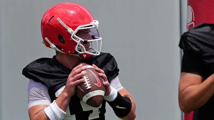 Georgia quarterback Gunner Stockton (14) at the first day of fall practice in Athens, Georgia, on Thursday, July 31, 2025. Georgia quarterback Gunner Stockton (14) at the first day of fall practice in Athens, Georgia, on Thursday, July 31, 2025.