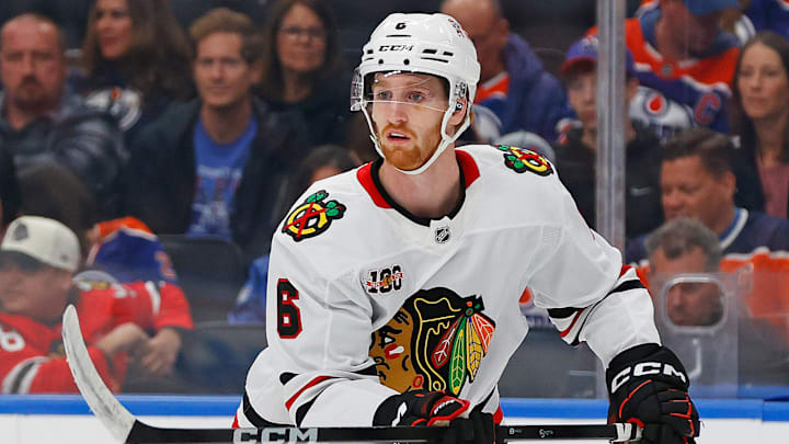 Nov 1, 2025; Edmonton, Alberta, CAN; Chicago Blackhawks defensemen Sam Rinzel (6) follows the play against the Edmonton Oilers at Rogers Place. Mandatory Credit: Perry Nelson-Imagn Images Nov 1, 2025; Edmonton, Alberta, CAN; Chicago Blackhawks defensemen Sam Rinzel (6) follows the play against the Edmonton Oilers at Rogers Place. Mandatory Credit: Perry Nelson-Imagn Images