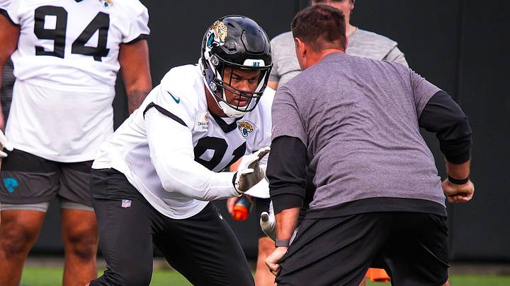Jaguars defensive tackle Arik Armstead (91) runs drills during the Jaguars’ fourth OTA of the year, Monday June 1, 2026 at the Miller Electric Center in Jacksonville, Fla. 