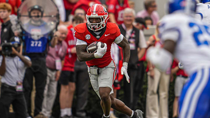 Oct 4, 2025; Athens, Georgia, USA; Georgia Bulldogs running back Nate Frazier (3) runs after a catch against the Kentucky Wildcats during the first quarter at Sanford Stadium. Mandatory Credit: Dale Zanine-Imagn Images Oct 4, 2025; Athens, Georgia, USA; Georgia Bulldogs running back Nate Frazier (3) runs after a catch against the Kentucky Wildcats during the first quarter at Sanford Stadium. Mandatory Credit: Dale Zanine-Imagn Images