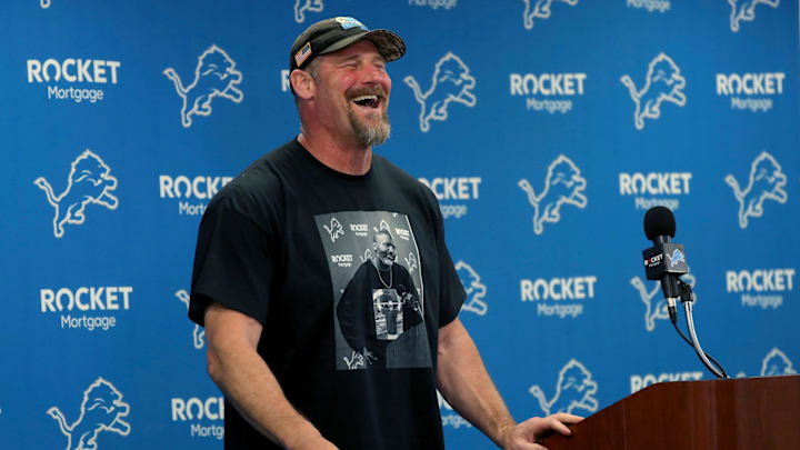 Detroit Lions head coach Dan Campbell talks with reporters about the third day of OTAs Thursday, May 25, 2023. Near the end of the press conference Campbell had fun taking a few questions about his t-shirt with GM Brad Holmes on the front.