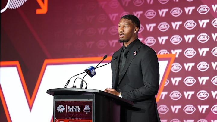 Jul 24, 2025; Virginia Tech quarterback Kyron Drones answers questions from the media during the ACC Kickoff in Charlotte, N.C. Jul 24, 2025; Virginia Tech quarterback Kyron Drones answers questions from the media during the ACC Kickoff in Charlotte, N.C.
