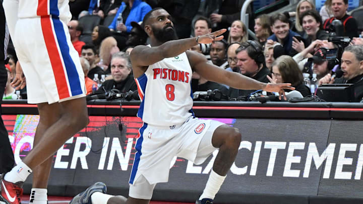 Apr 4, 2025; Toronto, Ontario, CAN;  Detroit Pistons guard Tim Hardaway Jr. (8) reacts after making a three point basket against the Toronto Raptors in the second half at Scotiabank Arena. Mandatory Credit: Dan Hamilton-Imagn Images
