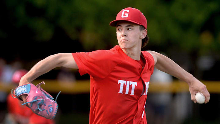 Glenwood's Cameron Appenzeller Pitches against Sacred Heart-Griffin during the game Wednesday, May 7, 2025.