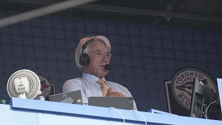 Jul 26, 2022; Toronto, Ontario, CAN; Toronto Blue Jays broadcaster Buck Martinez after a tribute for his return to the booth for a game against the St. Louis Cardinals at Rogers Centre after receiving cancer treatment . Mandatory Credit: John E. Sokolowski-Imagn Images