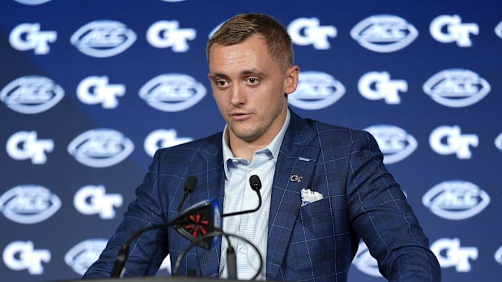 Jul 23, 2025; Charlotte, NC, USA; Georgia Tech quarterback Haynes King answers questions from the media during ACC Media days at Hilton Charlotte Uptown. Mandatory Credit: Jim Dedmon-Imagn Images Jul 23, 2025; Charlotte, NC, USA; Georgia Tech quarterback Haynes King answers questions from the media during ACC Media days at Hilton Charlotte Uptown. Mandatory Credit: Jim Dedmon-Imagn Images