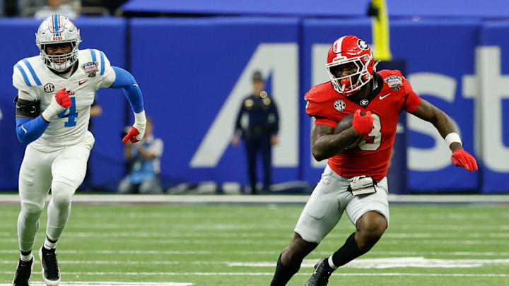 Jan 1, 2026; New Orleans, LA, USA; Georgia Bulldogs running back Nate Frazier (3) carries the ball against the Mississippi Rebels in the second quarter during the 2026 Sugar Bowl and quarterfinal game of the College Football Playoff at Caesars Superdome. Mandatory Credit: Geoff Burke-Imagn Images Jan 1, 2026; New Orleans, LA, USA; Georgia Bulldogs running back Nate Frazier (3) carries the ball against the Mississippi Rebels in the second quarter during the 2026 Sugar Bowl and quarterfinal game of the College Football Playoff at Caesars Superdome. Mandatory Credit: Geoff Burke-Imagn Images