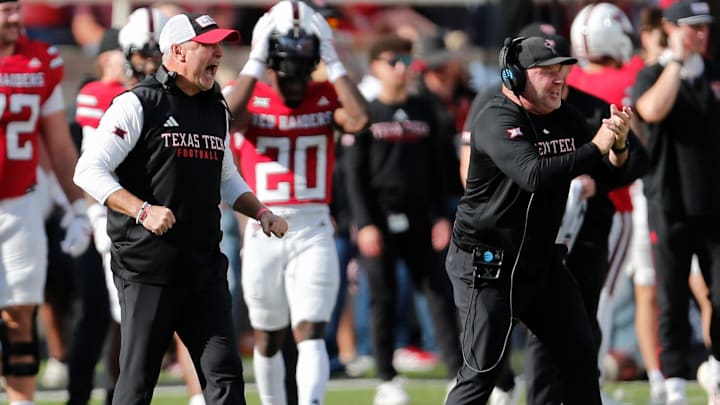 Texas Tech football coach Joey McGuire, left, and associate head coach Kenny Perry against Oklahoma State in a Big 12 game Saturday, Oct. 25, 2025, at Jones AT&T Stadium. Texas Tech football coach Joey McGuire, left, and associate head coach Kenny Perry against Oklahoma State in a Big 12 game Saturday, Oct. 25, 2025, at Jones AT&T Stadium.