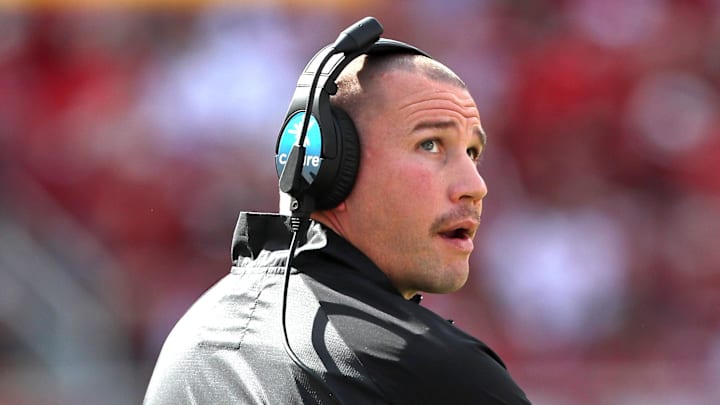 Mississippi State Bulldogs coach Zach Arnett looks on during the first quarter against the Arkansas Razorbacks at Razorback Stadium in Fayetteville, Ark.