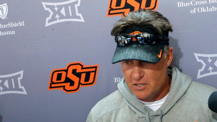 Oklahoma State head football coach Mike Gundy speaks to the media before an Oklahoma State University Cowboys spring football practice in Stillwater, Okla., Tuesday, March 26, 2024.