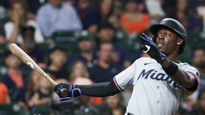 Jul 11, 2024; Houston, Texas, USA; Miami Marlins designated hitter Jazz Chisholm Jr. (2) reacts to his strikeout against the Houston Astros in the ninth inning at Minute Maid Park. Mandatory Credit: Thomas Shea-USA TODAY Sports