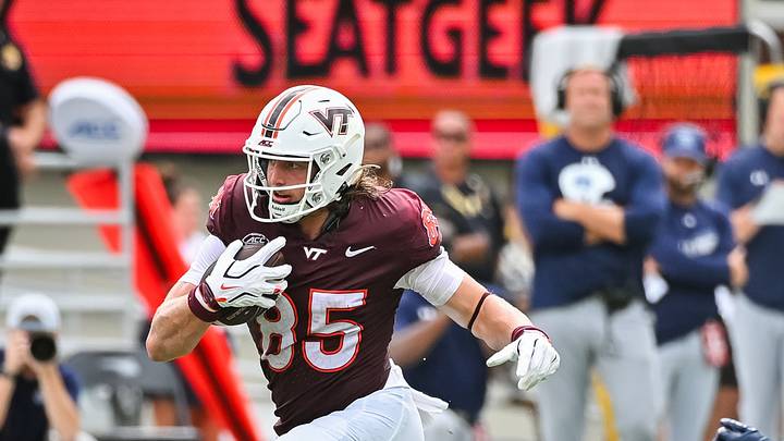 Sep 12, 2026; Blacksburg, Va.; Virginia Tech tight end Luke Reynolds (85) runs with the ball as Old Dominion safety Daevon Iles (2) pursues. Sep 12, 2026; Blacksburg, Va.; Virginia Tech tight end Luke Reynolds (85) runs with the ball as Old Dominion safety Daevon Iles (2) pursues.