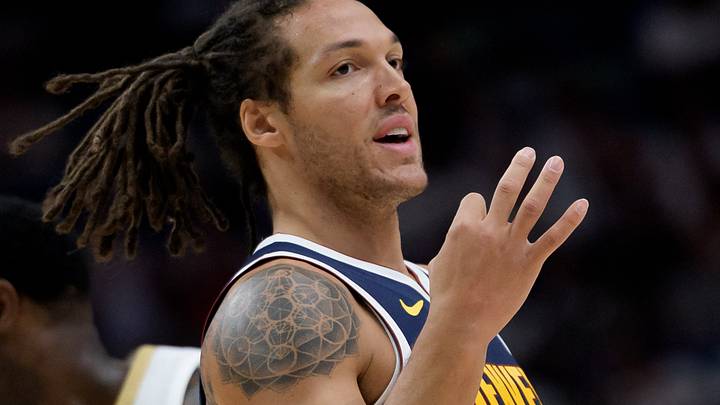 Oct 28, 2026; New Orleans, Louisiana, USA;  Denver Nuggets forward Aaron Gordon (32) reacts to three point basket against New Orleans Pelicans forward Zion Williamson (1) during the first half at Smoothie King Center.  Mandatory Credit: Matthew Hinton-Imagn Images