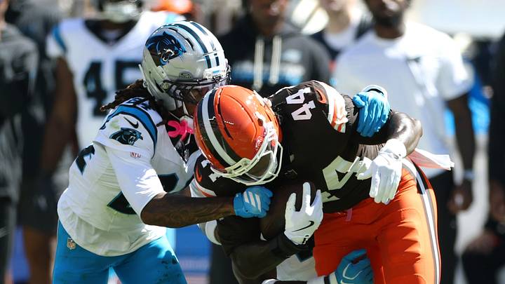 Sep 27, 2026; Cleveland, Ohio, USA; Carolina Panthers cornerback Will Lee III (24) and linebacker Princely Umanmielen (3) tackle Cleveland Browns tight end Harold Fannin Jr. (44) during the first quarter at Huntington Bank Field. Mandatory Credit: Scott Galvin-Imagn Images Sep 27, 2026; Cleveland, Ohio, USA; Carolina Panthers cornerback Will Lee III (24) and linebacker Princely Umanmielen (3) tackle Cleveland Browns tight end Harold Fannin Jr. (44) during the first quarter at Huntington Bank Field. Mandatory Credit: Scott Galvin-Imagn Images