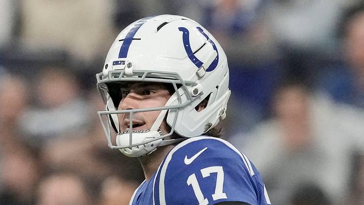 Indianapolis Colts quarterback Daniel Jones looks to pass during a game