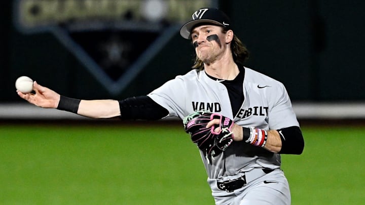 Vanderbilt shortstop Jonathan Vastine (13) throws out a Tennessee Tech base runner in the fourth inning of an NCAA college baseball game at Hawkins Field Tuesday, Feb. 25, 2025, in Nashville, Tenn.