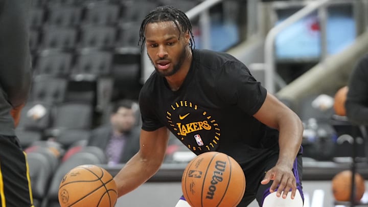 Nov 1, 2024; Toronto, Ontario, CAN; Los Angeles Lakers guard Bronny James (9) during warm-up before a game against the Toronto Raptors at Scotiabank Arena. Mandatory Credit: John E. Sokolowski-Imagn Images