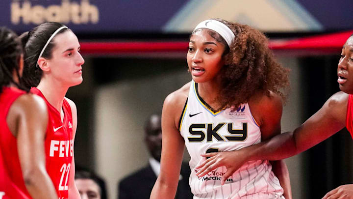 Chicago Sky forward Angel Reese (5) reacts to a flagrant foul from Indiana Fever guard Caitlin Clark (22) on Saturday, May 17, 2025, during a game between the Indiana Fever and the Chicago Sky at Gainbridge Fieldhouse in Indianapolis. The Indiana Fever defeated the Chicago Sky, 93-58. Chicago Sky forward Angel Reese (5) reacts to a flagrant foul from Indiana Fever guard Caitlin Clark (22) on Saturday, May 17, 2025, during a game between the Indiana Fever and the Chicago Sky at Gainbridge Fieldhouse in Indianapolis. The Indiana Fever defeated the Chicago Sky, 93-58.