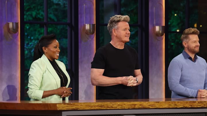NEXT LEVEL CHEF: L-R: Nyesha Arrington, Gordon Ramsay and Richard Blais in the NEXT LEVEL CHEF “It’s All Greek to Me” episode airing Thursday, March 28 (8:00 PM - 9:02 PM ET/PT) on FOX. CR: Lorraine O’Sullivan / FOX. ©2024 FOX Media LLC.
