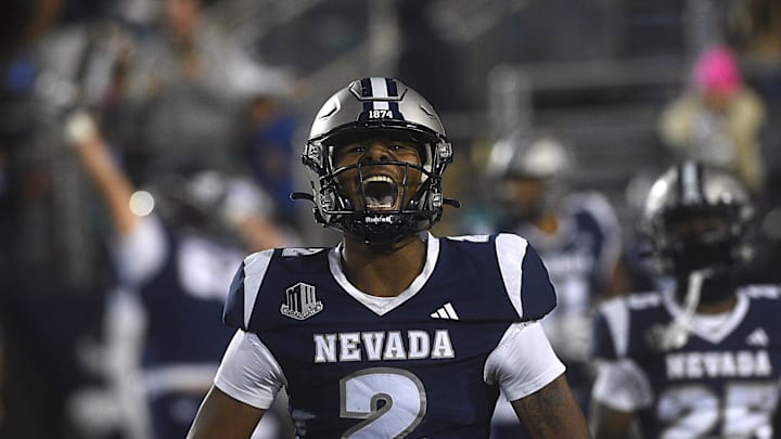 Nevada’s Brendon Lewis celebrates a score while taking on Oregon St. at Mackay Stadium in Reno on Oct. 12, 2024.