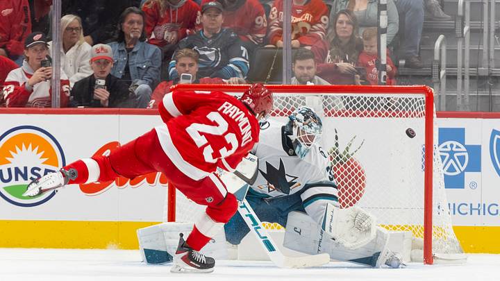 Detroit Red Wings left wing Lucas Raymond scores the game winning goal Mandatory Credit: Brian Bradshaw Sevald-Imagn Images Detroit Red Wings left wing Lucas Raymond scores the game winning goal Mandatory Credit: Brian Bradshaw Sevald-Imagn Images