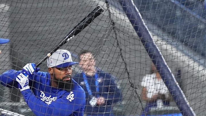 Los Angeles Dodgers outfielder Teoscar Hernandez (37) takes batting practice before a game against the Toronto Blue Jays at Rogers Centre on April 26, 2024. Los Angeles Dodgers outfielder Teoscar Hernandez (37) takes batting practice before a game against the Toronto Blue Jays at Rogers Centre on April 26, 2024.