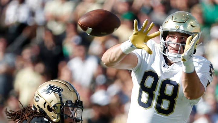 Purdue Boilermakers defensive back Antonio Stevens (11) defends the pass to Notre Dame Fighting Irish tight end Mitchell Evans (88) Saturday, Sept. 14, 2024, during the NCAA football game at Ross-Ade Stadium in West Lafayette, Ind. Notre Dame Fighting Irish won 66-7.
