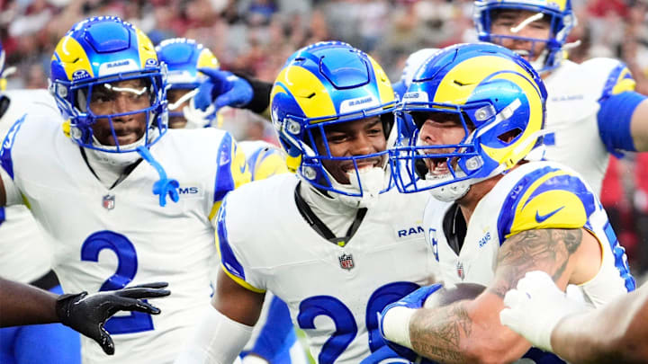 Los Angeles Rams linebacker Nate Landman (53) reacts after intercepting a pass from Arizona Cardinals quarterback Jacoby Brissett (7) in the second half at State Farm Stadium on Dec 7, 2025, in Glendale, Ariz. Los Angeles Rams linebacker Nate Landman (53) reacts after intercepting a pass from Arizona Cardinals quarterback Jacoby Brissett (7) in the second half at State Farm Stadium on Dec 7, 2025, in Glendale, Ariz.