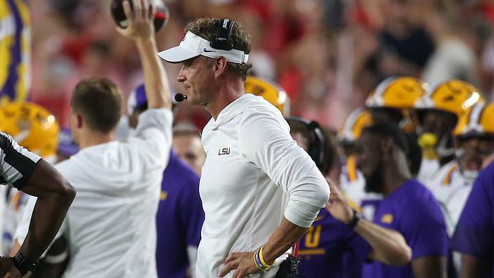 Sep 19, 2026; Oxford, Mississippi, USA;  Louisiana State Tigers head coach Lane Kiffin looks on during the first quarter against the Mississippi Rebels at Vaught-Hemingway Stadium.  Mandatory Credit: Petre Thomas-Imagn Images