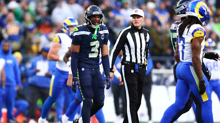 Jan 25, 2026; Seattle, WA, USA; Seattle Seahawks safety Nick Emmanwori (3) reacts after a play against the Los Angeles Rams during the first half in the 2026 NFC Championship Game at Lumen Field. 