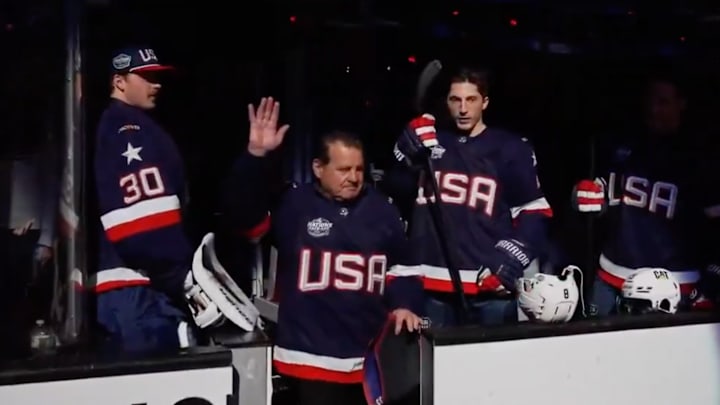 Mike Eruzione introduced as an honorary captain ahead of the 4 Nations Face-Off final. Mike Eruzione introduced as an honorary captain ahead of the 4 Nations Face-Off final.