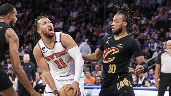 Apr 23, 2023; New York, New York, USA; New York Knicks guard Jalen Brunson (11) looks to drive against Cleveland Cavaliers guard Darius Garland (10) during game four of the 2023 NBA playoffs at Madison Square Garden. Mandatory Credit: Wendell Cruz-Imagn Images