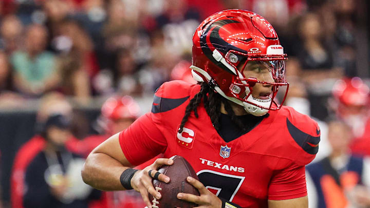 Houston Texans quarterback C.J. Stroud (7) scrambles against the Las Vegas Raiders in the first half  half at NRG Stadium. 