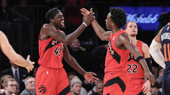 Dec 21, 2022; New York, New York, USA;  Toronto Raptors forward Pascal Siakam (43) celebrates with OG Anunoby